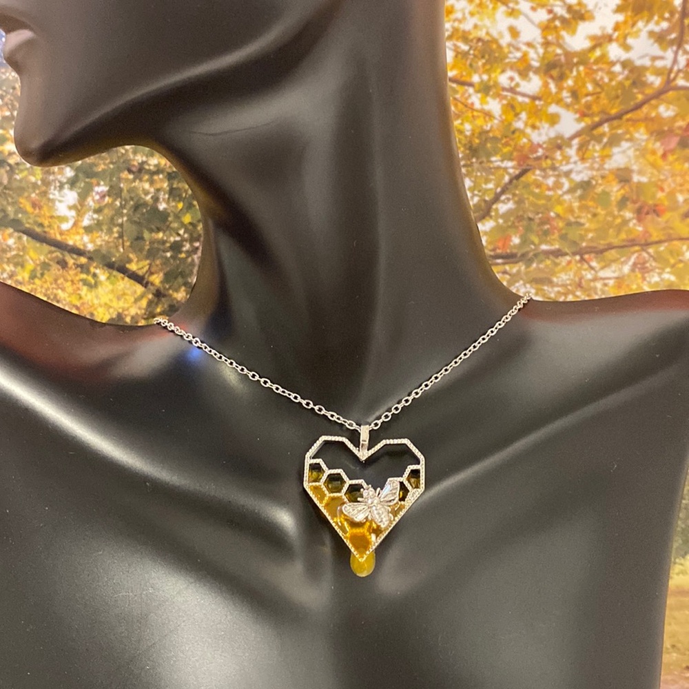 Dripping Honey Heart Honeycomb Honeybee Pendant with 20” Necklace